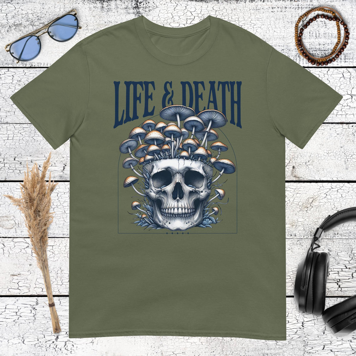Life & Death Mushroom Skull T-Shirt – military green, front view