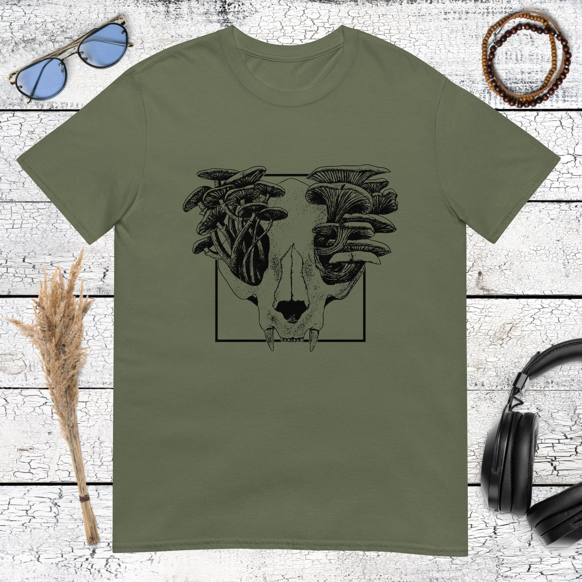 Mushroom Cat Skull T-Shirt – military green, front view