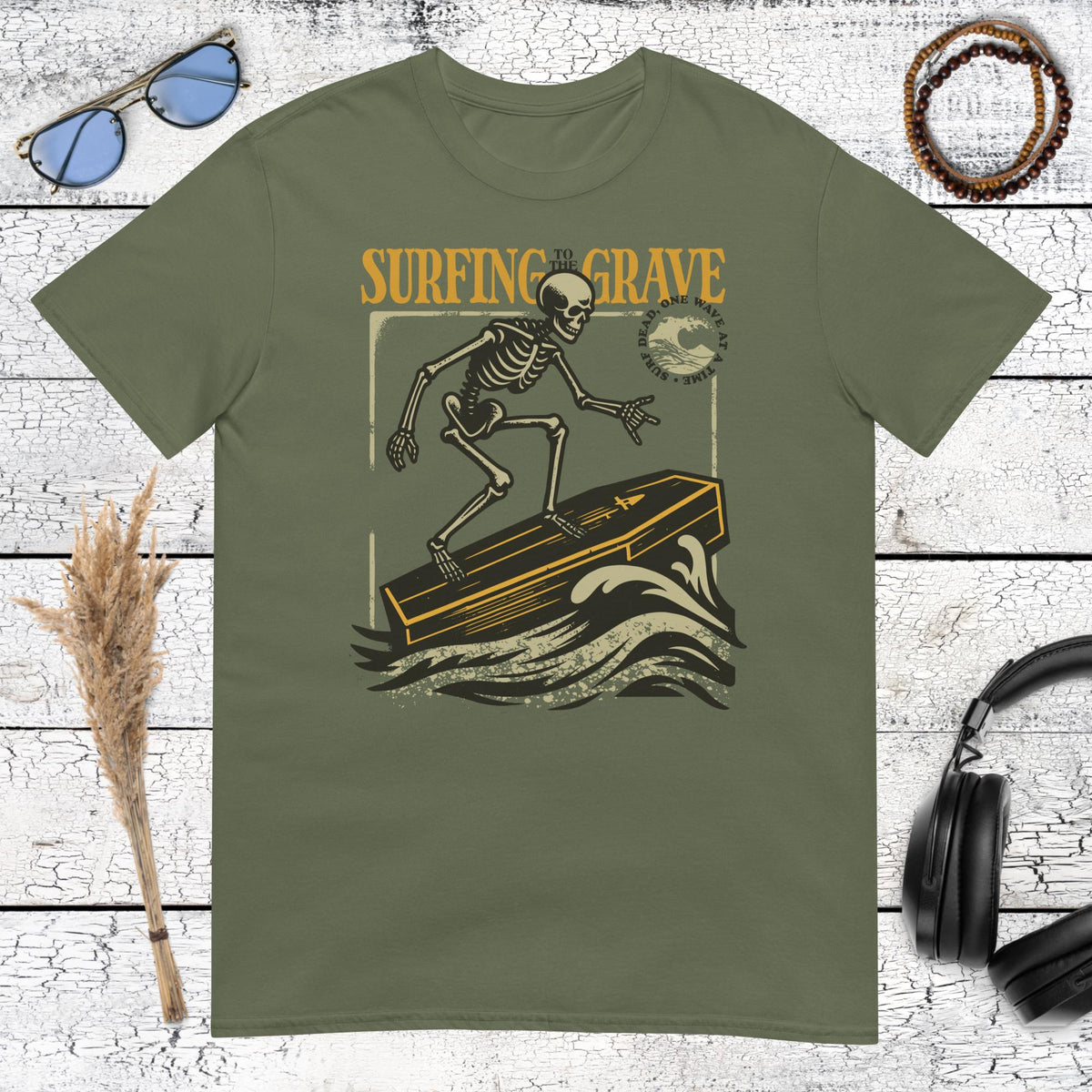 Surfing to the Grave T-Shirt – military green, front view