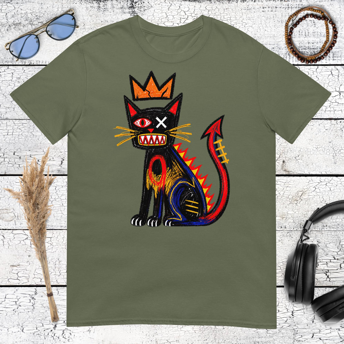 Basquiat Inspired Devil Cat T-Shirt – military green, front view