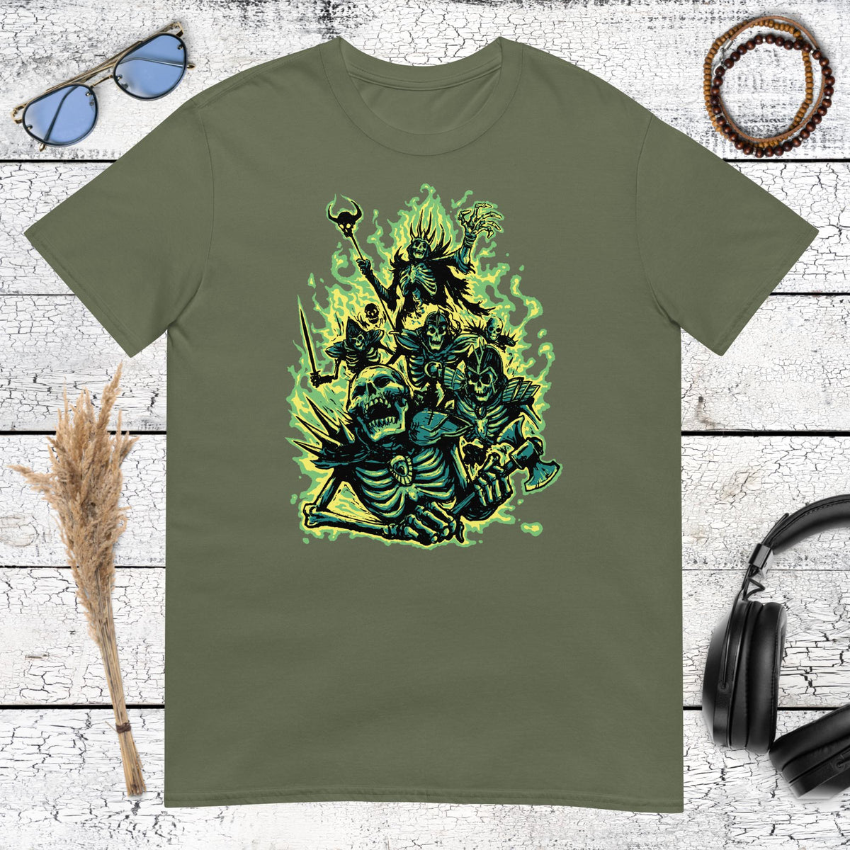 Undead Army Skeleton Horror T-Shirt – military green, front view