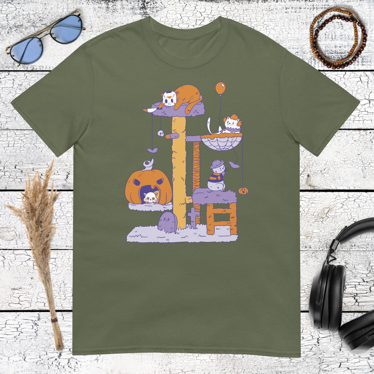 Halloween Cat Tree T-Shirt – military green, front view