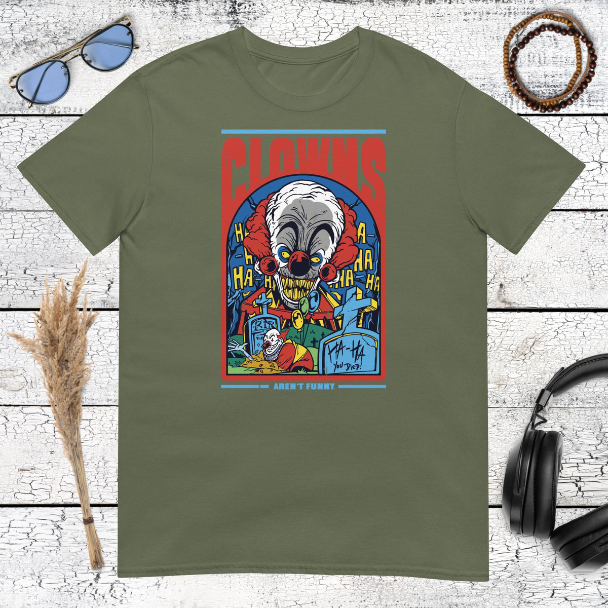 Clowns Aren’t Funny Horror T-Shirt – military green, front view
