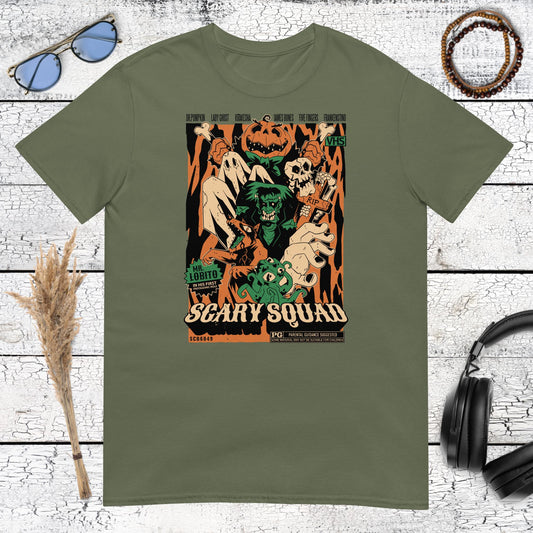 Scary Squad Retro Horror T-Shirt – military green, front view