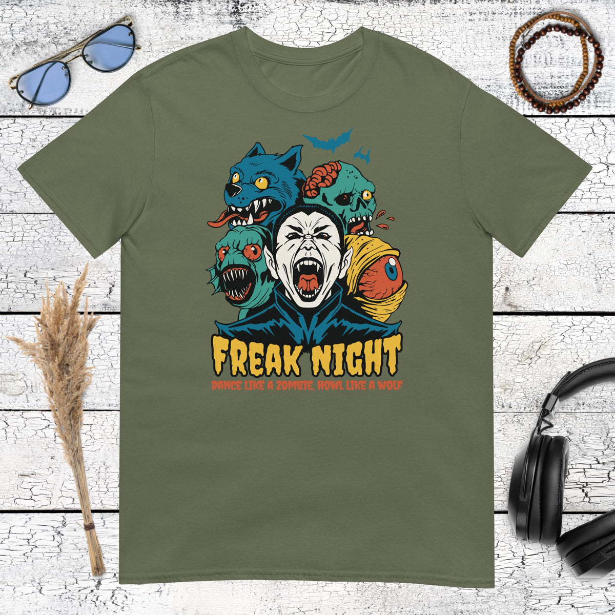 Freak Night Monster Party T-Shirt – military green, front view