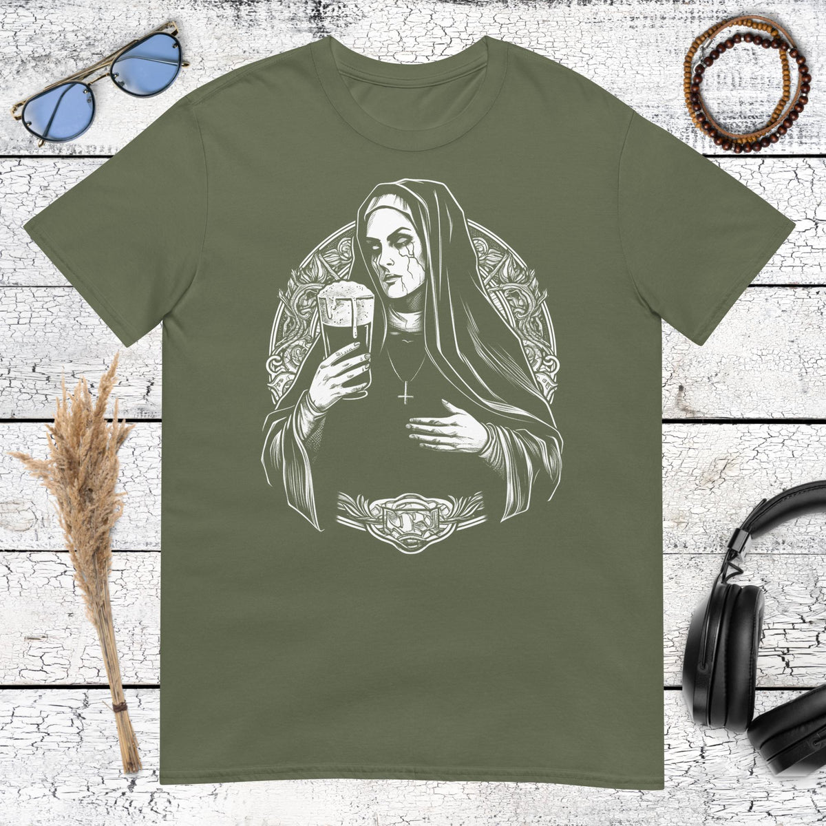 Holy Spirits Drinking Nun T-Shirt – military green, front view