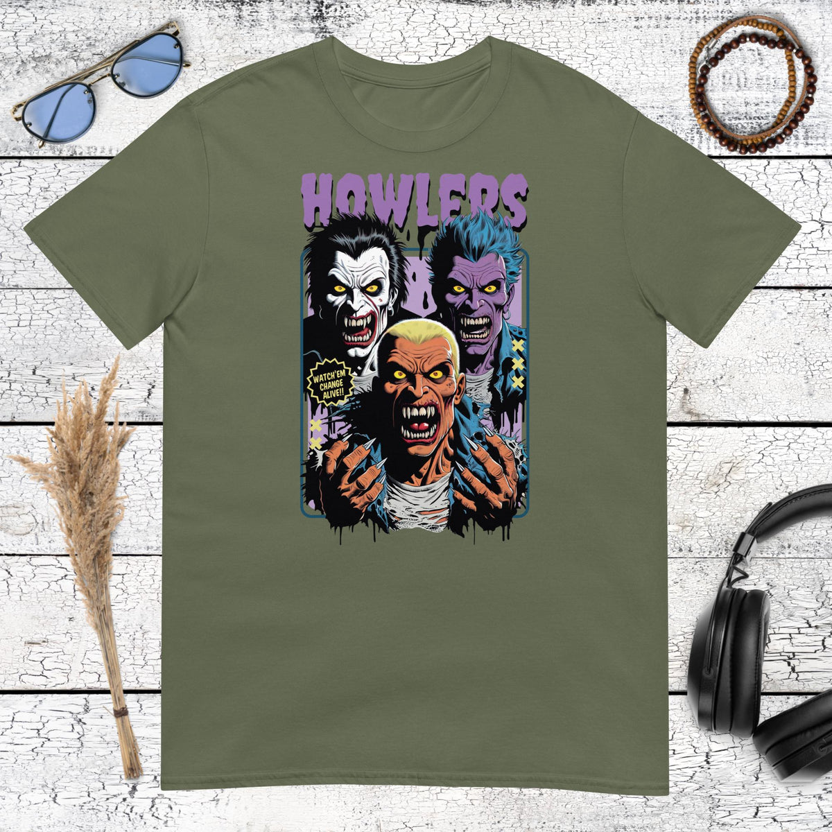 Howlers Vampire Horror T-Shirt – military green, front view