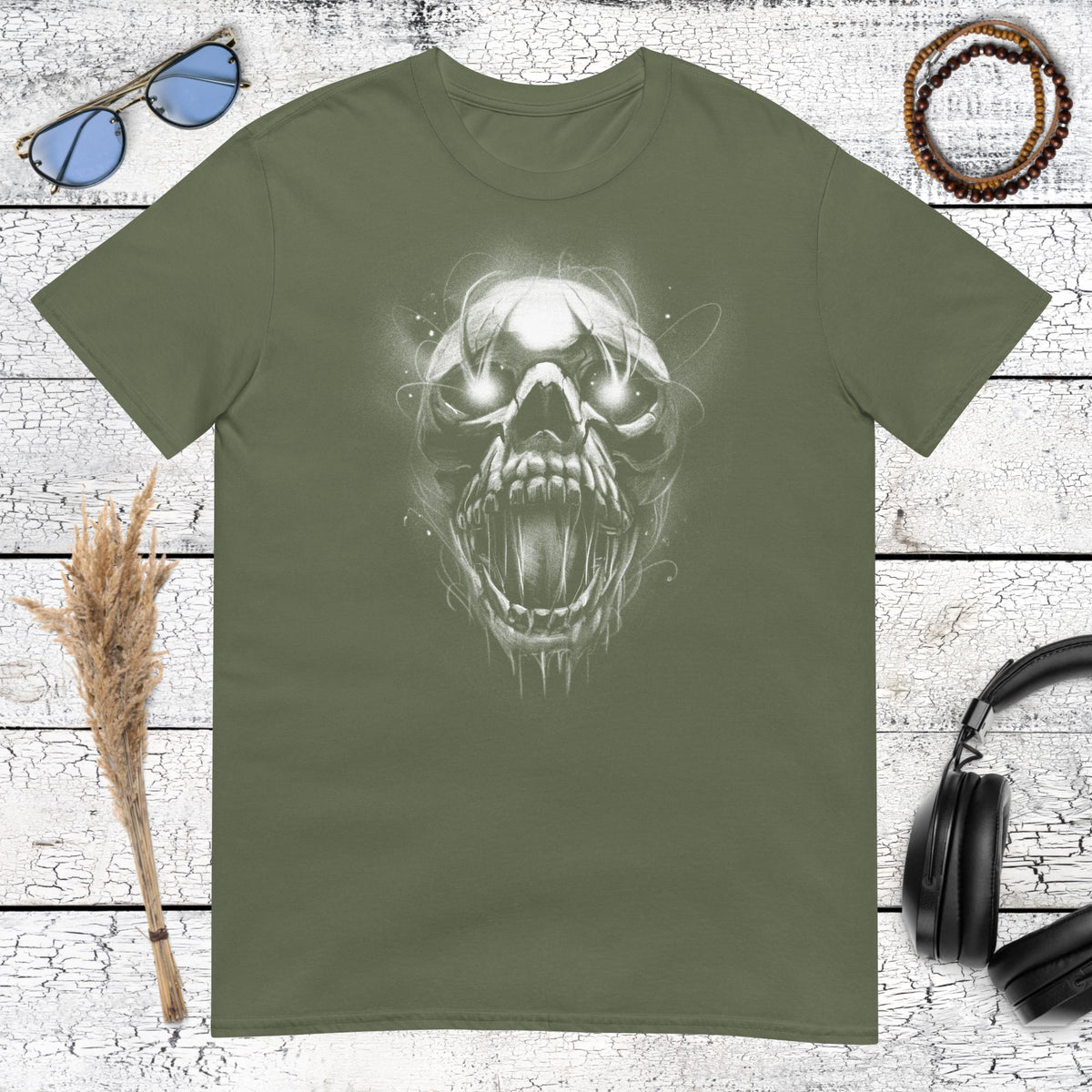 Dark Skull Horror T-Shirt – military green, front view