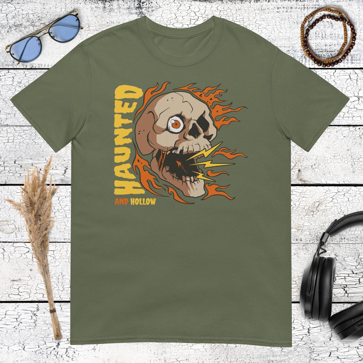 Haunted and Hollow Skull T-Shirt – military green, front view