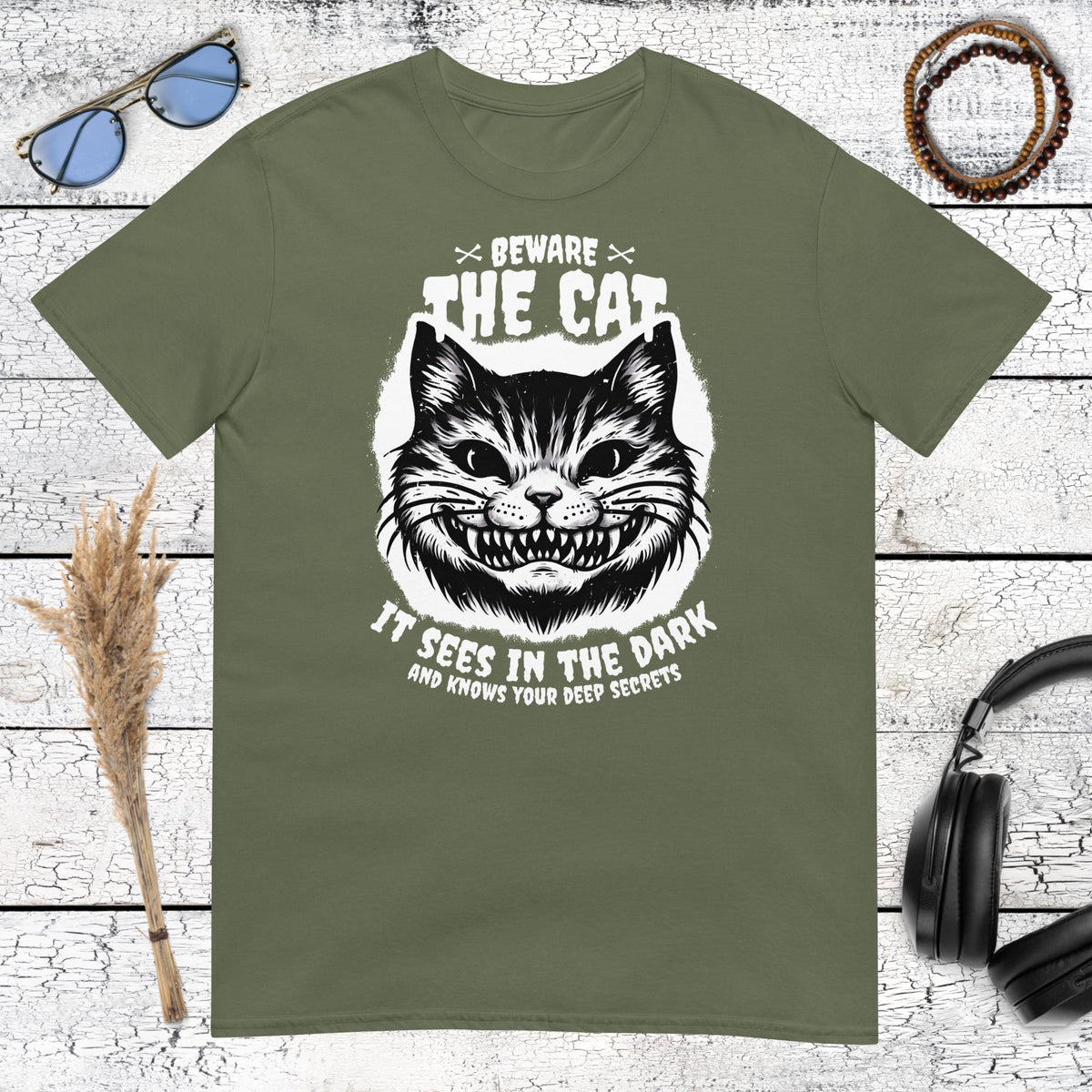 Beware The Cat T-Shirt – military green, front view
