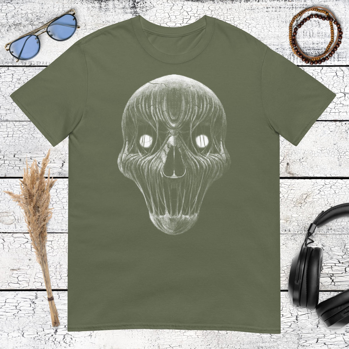 Dark Entity Skull Horror T-Shirt – military green, front view