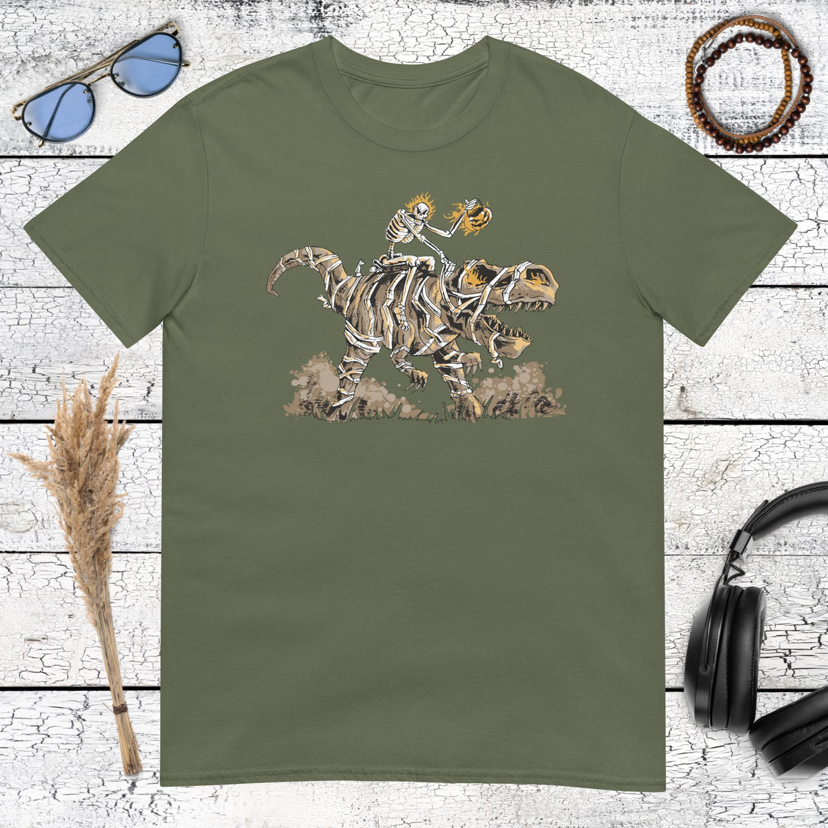 Skeleton Rider T-Rex T-Shirt – military green, front view