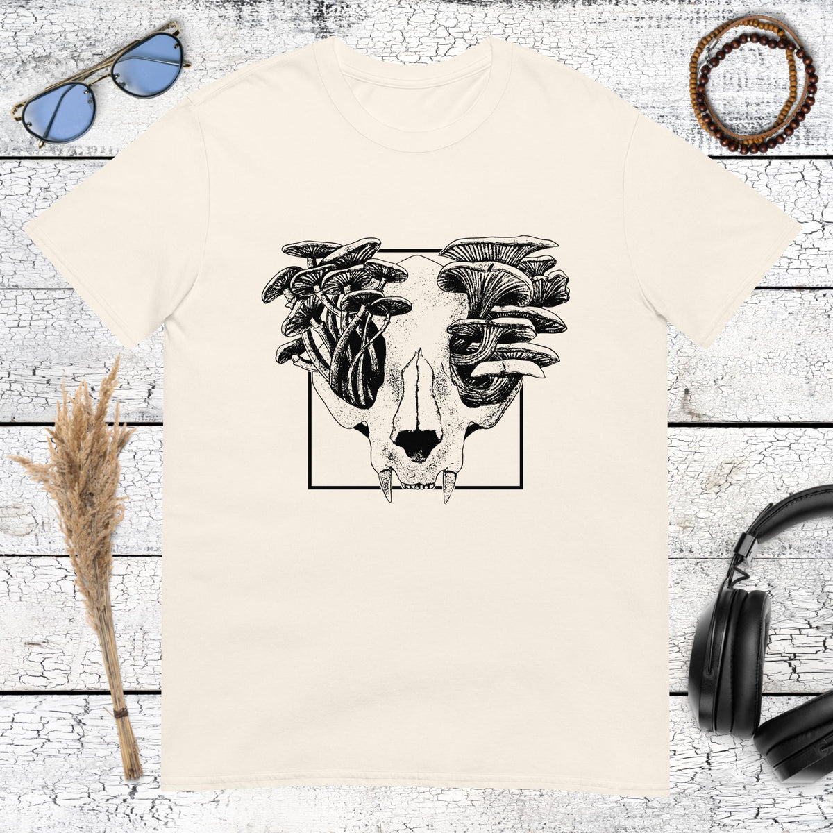 Mushroom Cat Skull T-Shirt – natural, front view
