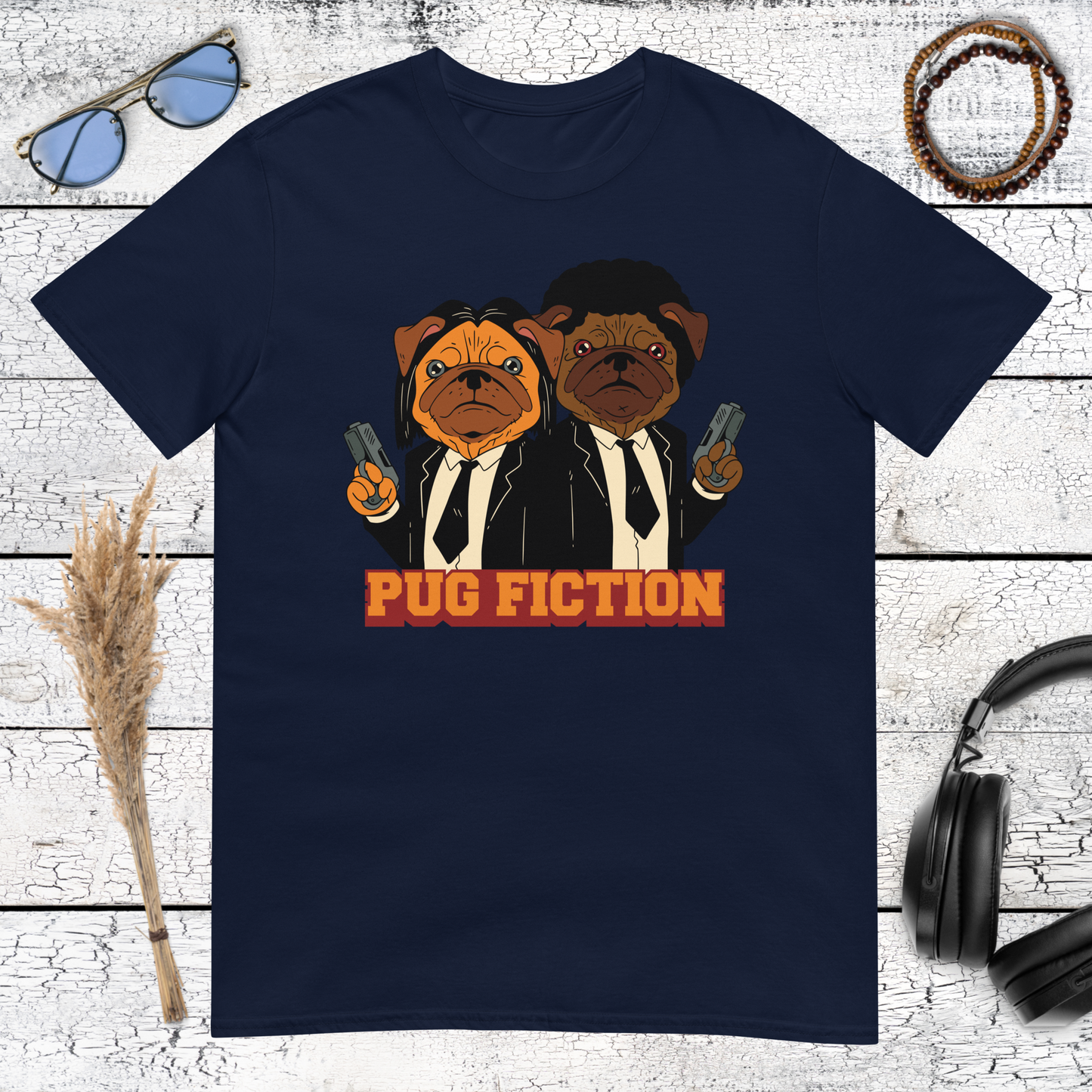 Pug Fiction t-shirt in navy color version