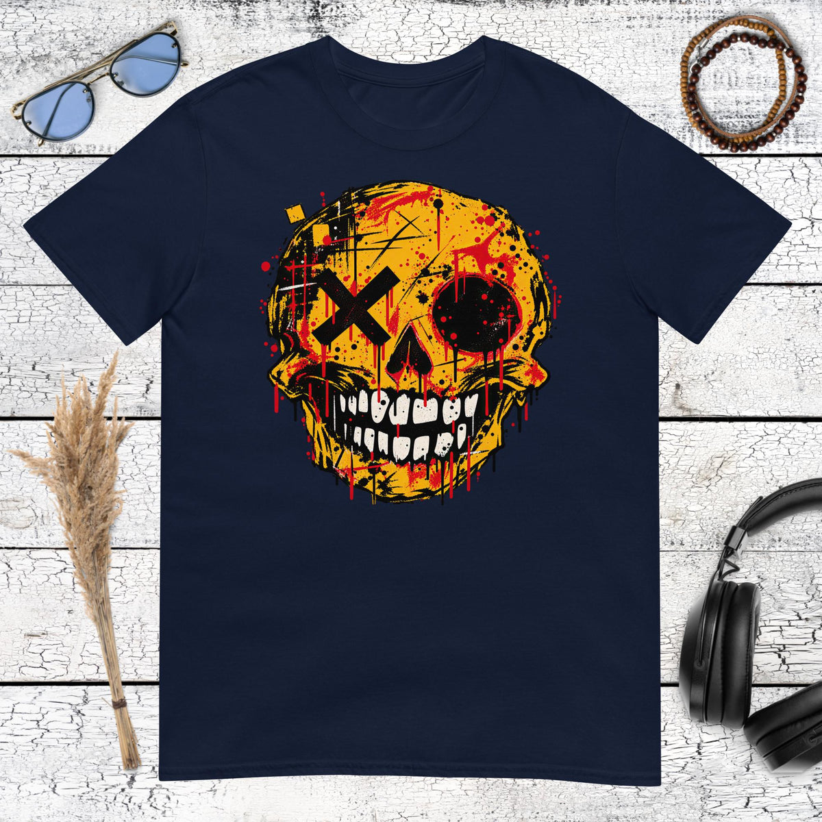 Basquiat Inspired Graffiti Skull T-Shirt – navy, front view