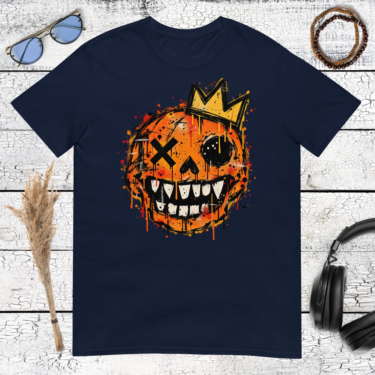 Basquiat Inspired Crown Pumpkin T-Shirt – navy, front view