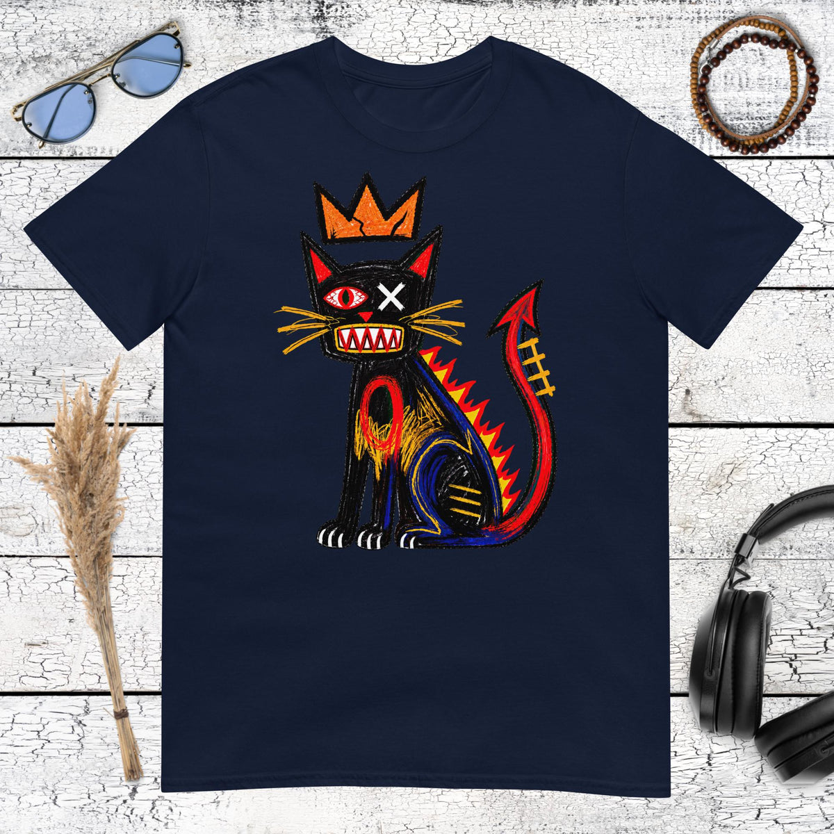 Basquiat Inspired Devil Cat T-Shirt – navy, front view