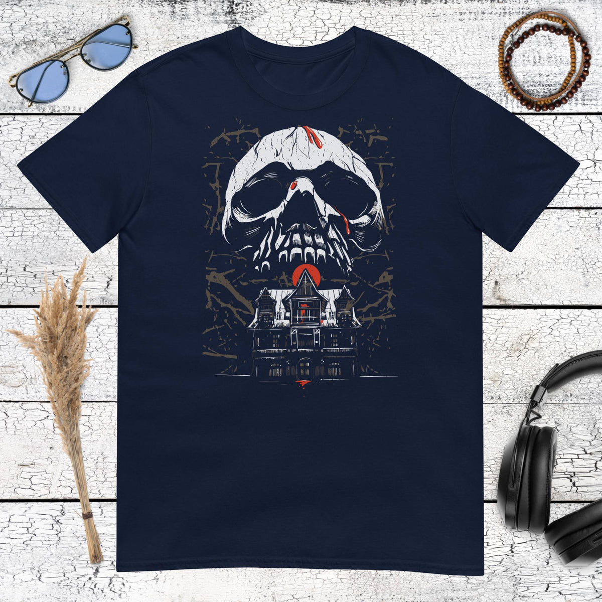 Haunted House Skull Horror T-Shirt – navy, front view