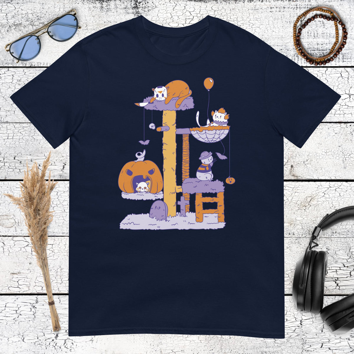 Halloween Cat Tree T-Shirt – navy, front view