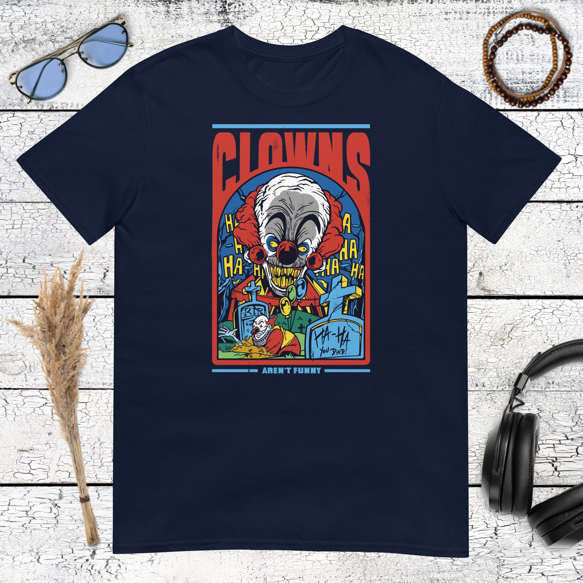 Clowns Aren’t Funny Horror T-Shirt – navy, front view