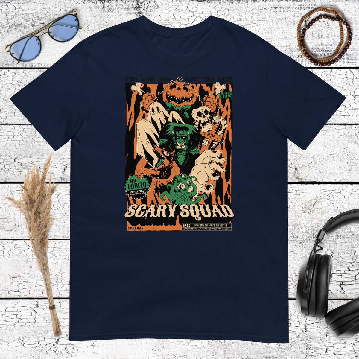 Scary Squad Retro Horror T-Shirt – navy, front view