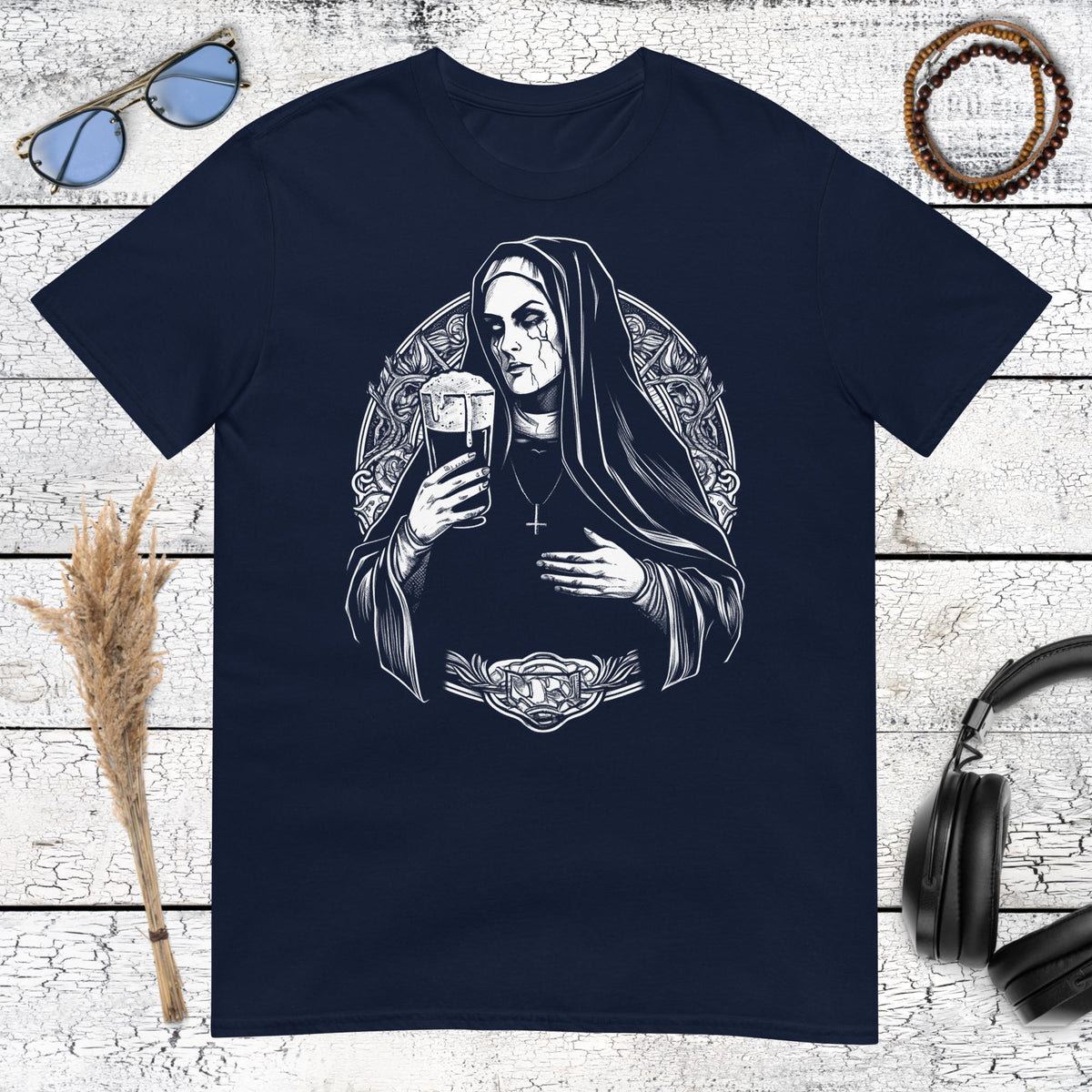 Holy Spirits Drinking Nun T-Shirt – navy, front view