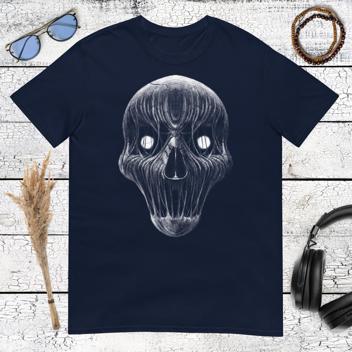 Dark Entity Skull Horror T-Shirt – navy, front view