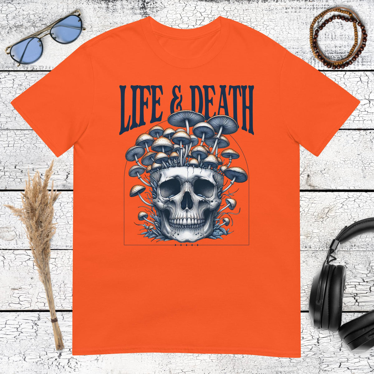Life & Death Mushroom Skull T-Shirt – orange, front view
