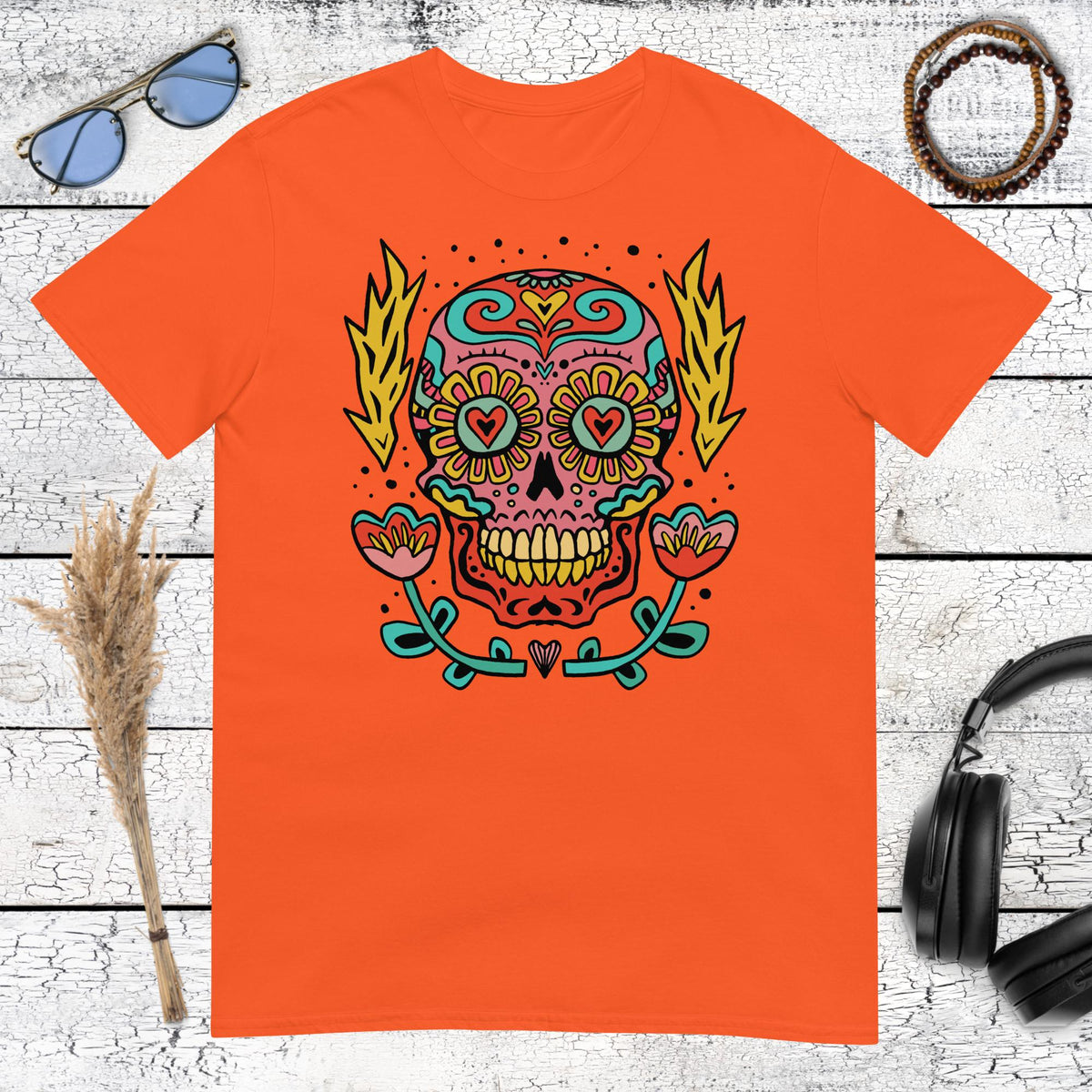 Floral Skull T-Shirt – orange, front view