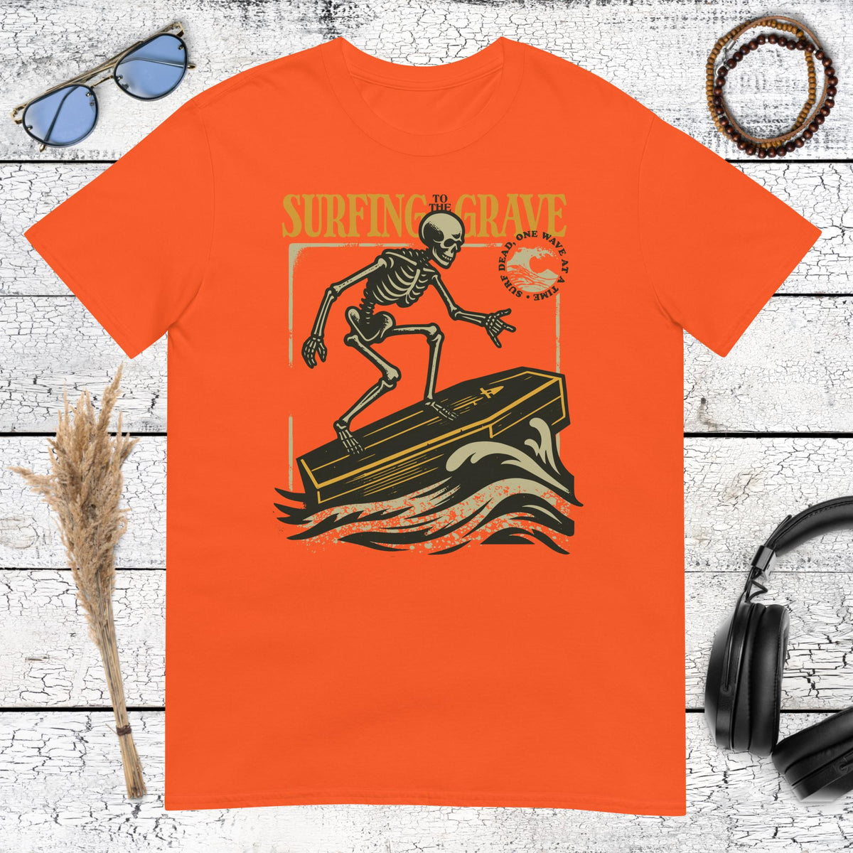 Surfing to the Grave T-Shirt – orange, front view
