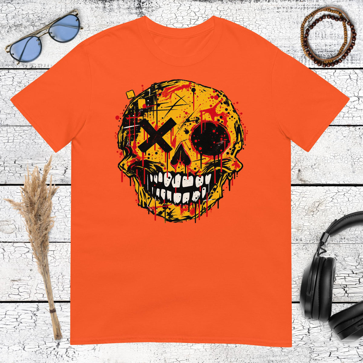 Basquiat Inspired Graffiti Skull T-Shirt – orange, front view