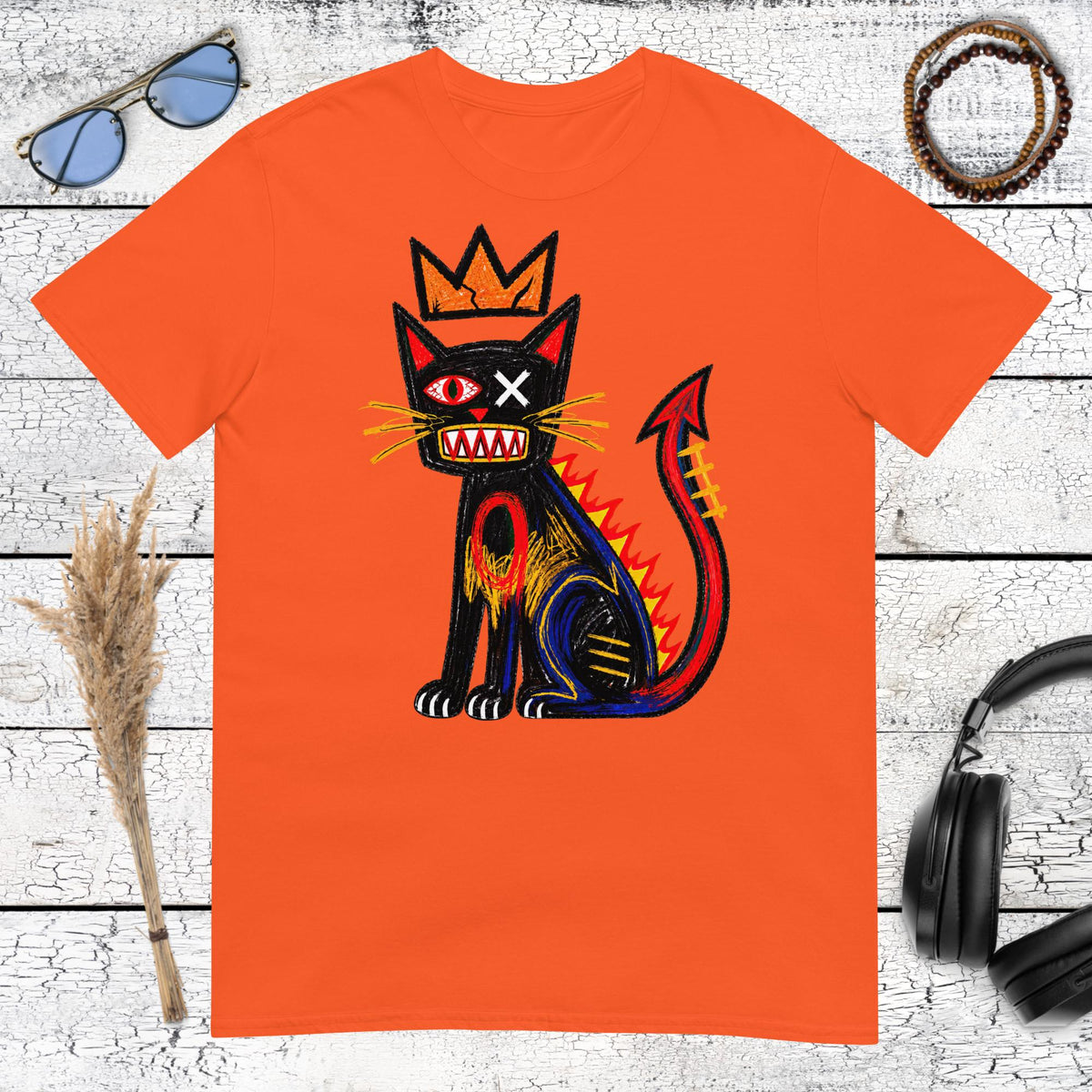 Basquiat Inspired Devil Cat T-Shirt – orange, front view