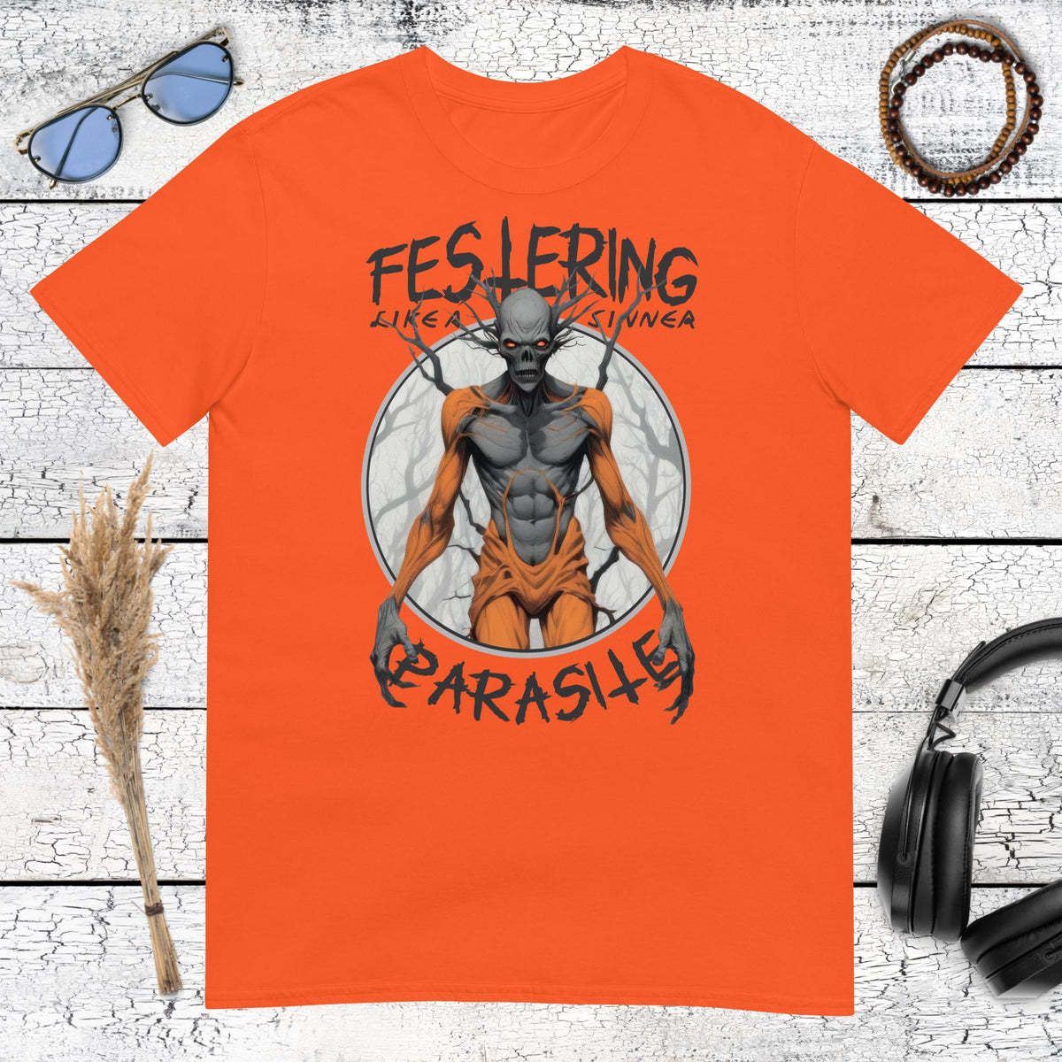 Festering Parasite Horror T-Shirt – orange, front view
