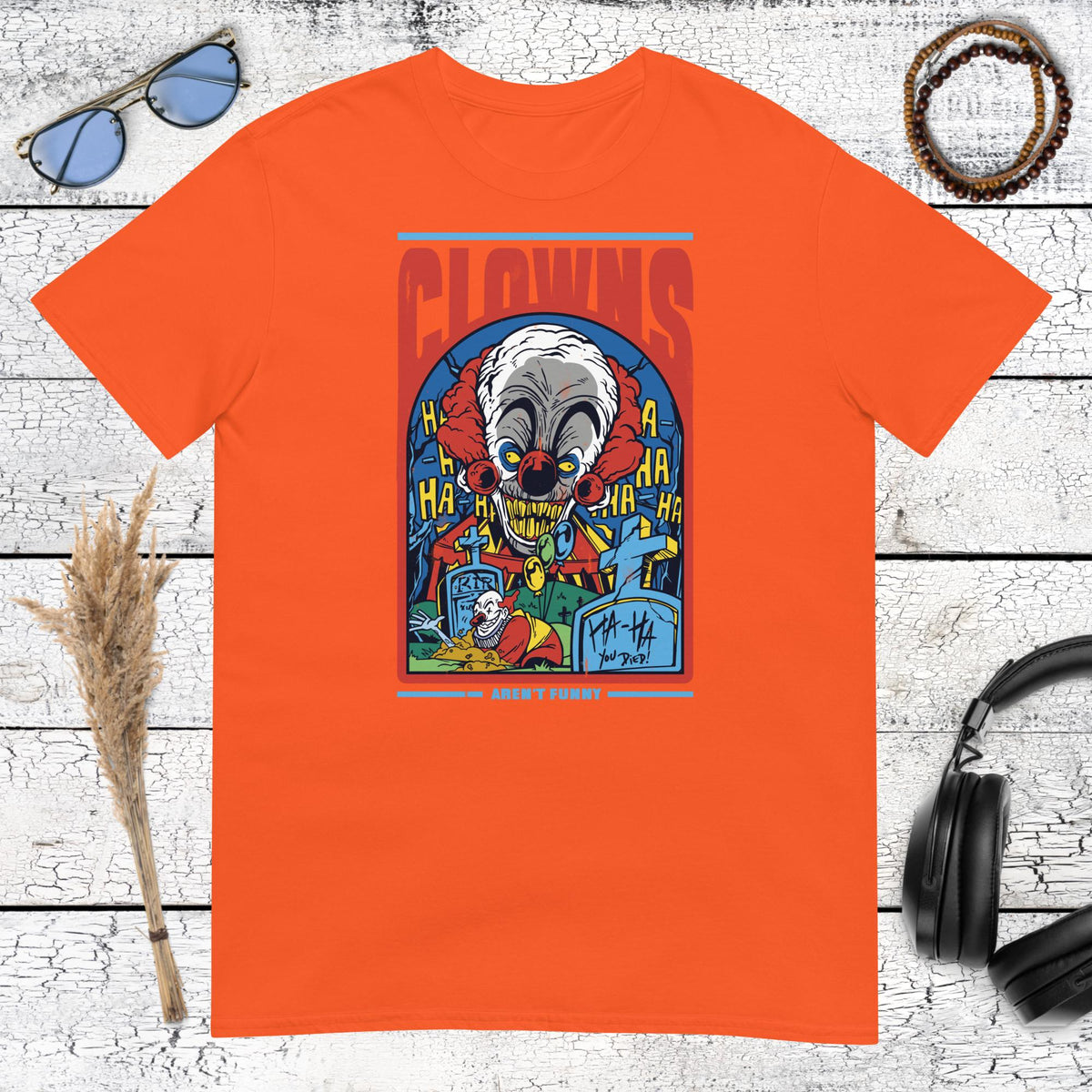 Clowns Aren’t Funny Horror T-Shirt – orange, front view