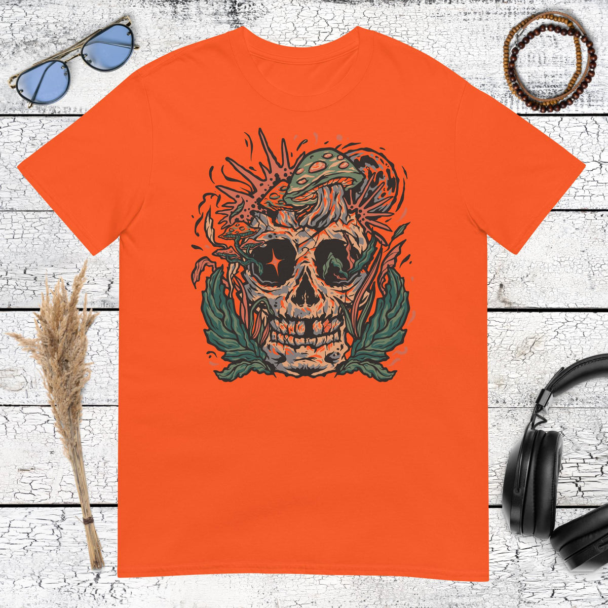 Mushroom Skull Psychedelic T-Shirt – orange, front view