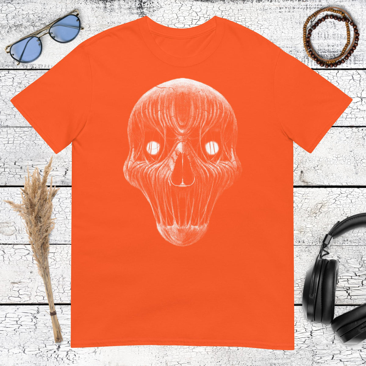 Dark Entity Skull Horror T-Shirt – orange, front view