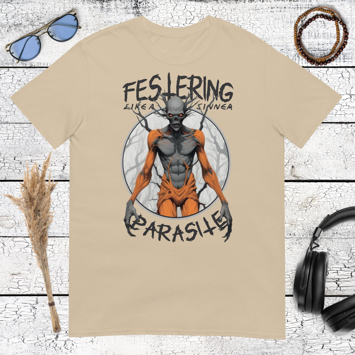 Festering Parasite Horror T-Shirt – sand, front view