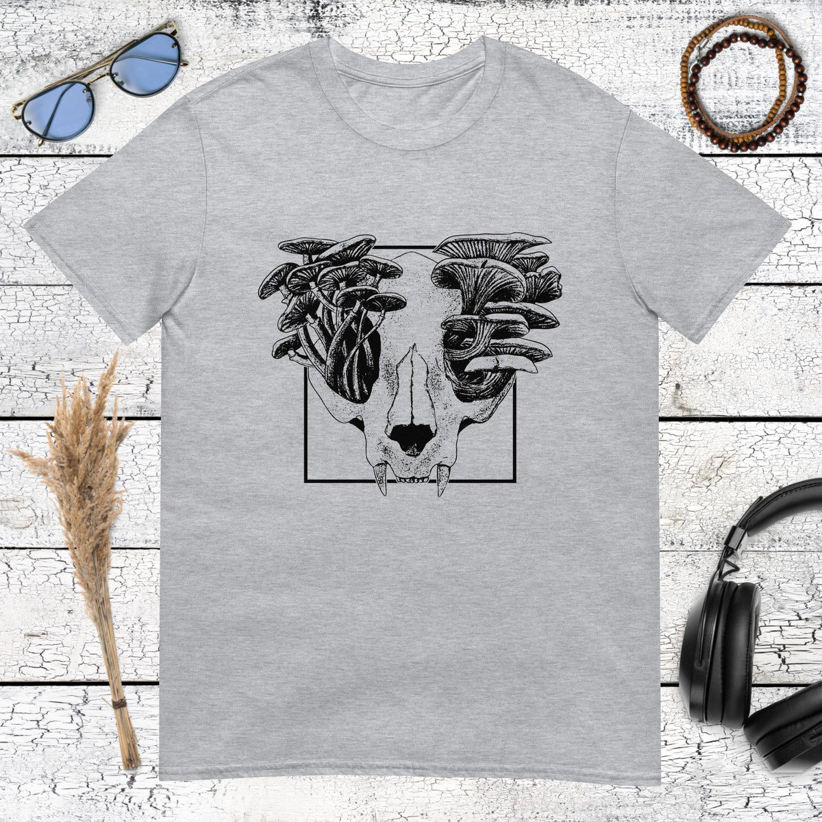 Mushroom Cat Skull T-Shirt – sport grey, front view