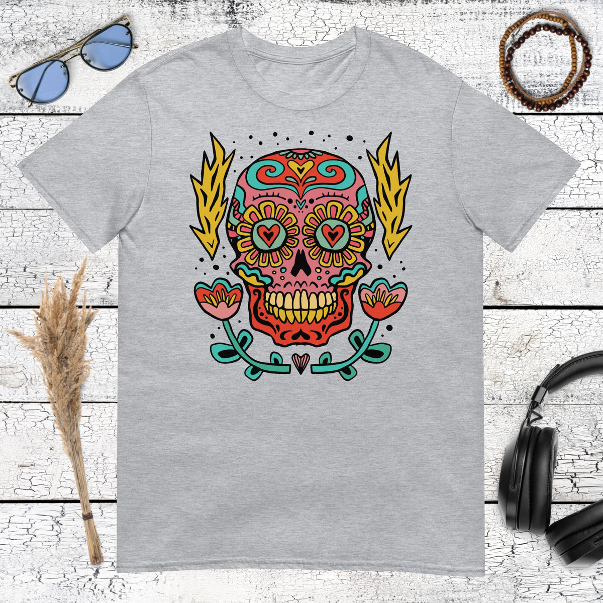 Floral Skull T-Shirt – sport grey, front view
