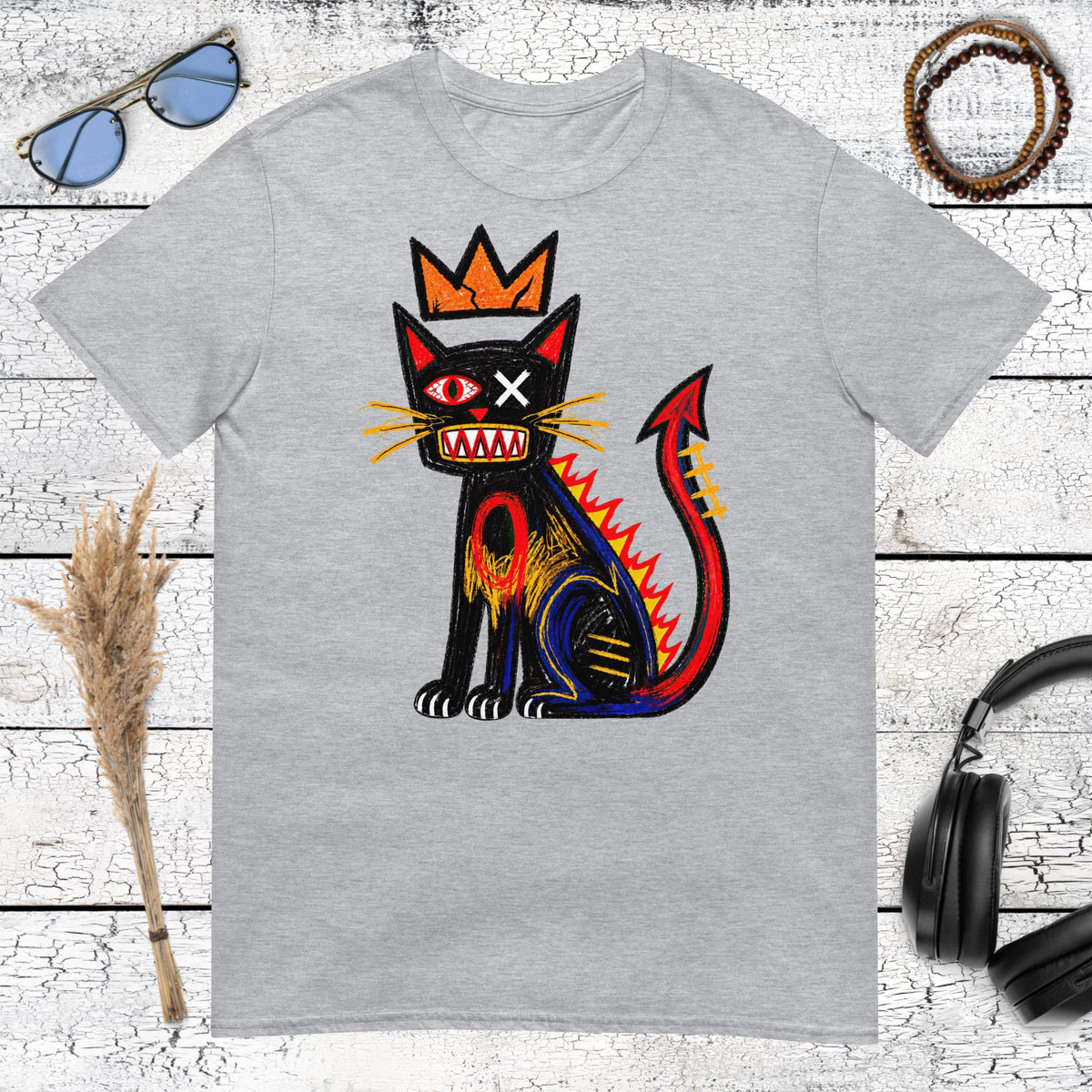 Basquiat Inspired Devil Cat T-Shirt – sport grey, front view