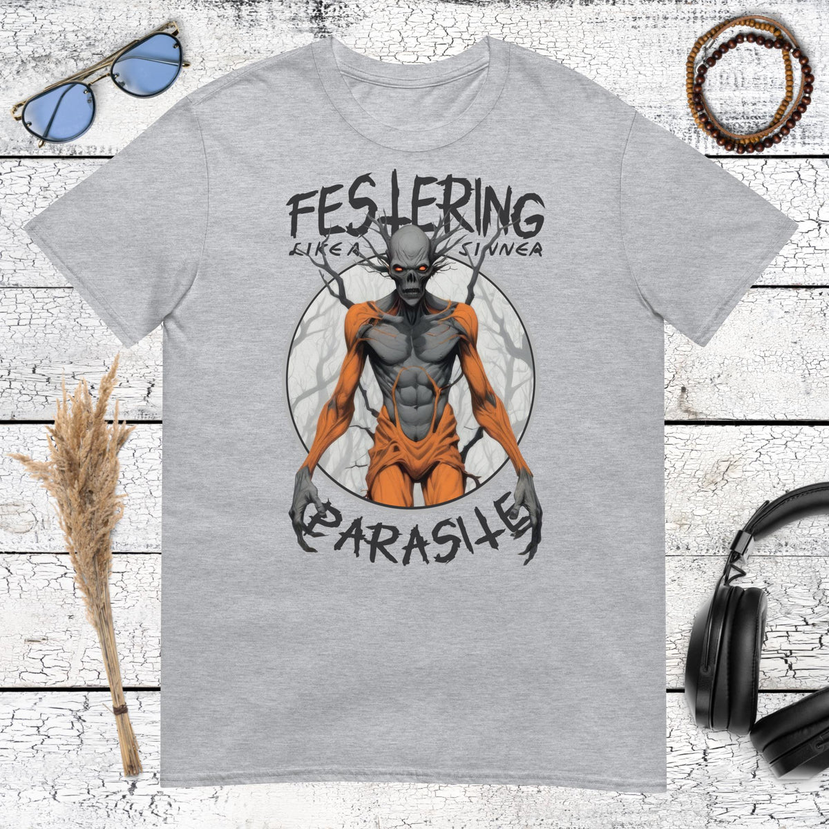 Festering Parasite Horror T-Shirt – sport grey, front view