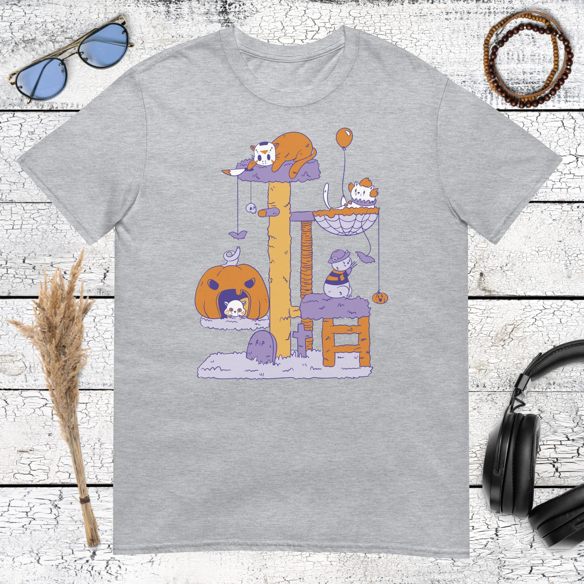 Halloween Cat Tree T-Shirt – sport grey, front view