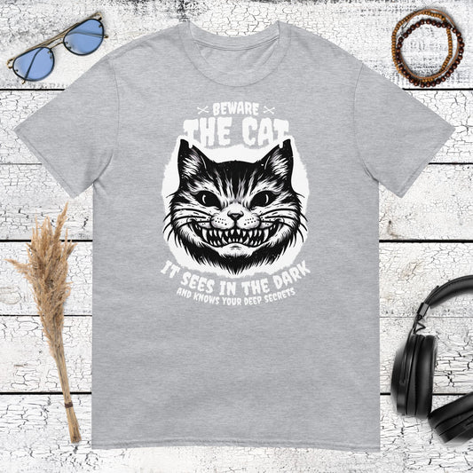 Beware The Cat T-Shirt – sport grey, front view