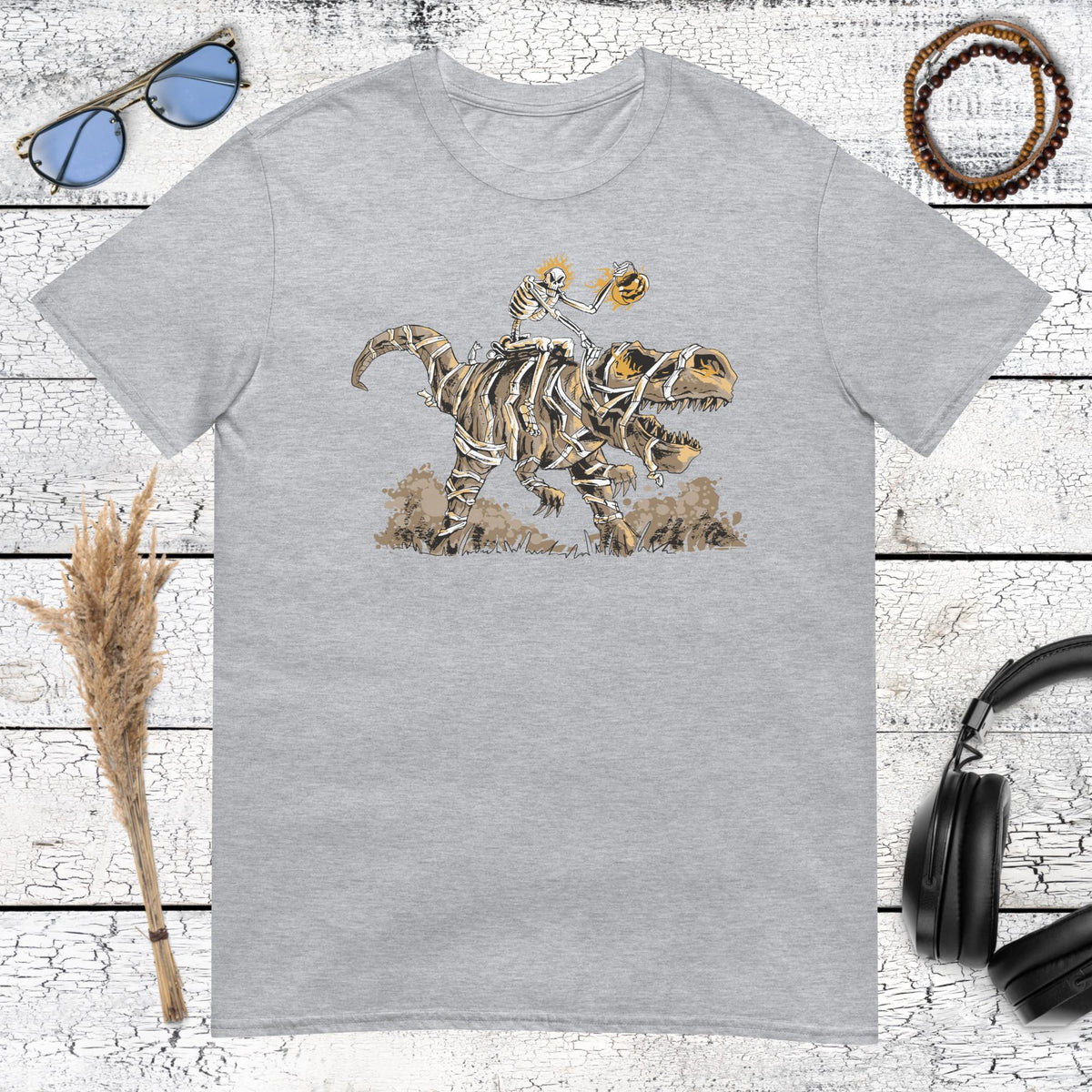Skeleton Rider T-Rex T-Shirt – sport grey, front view