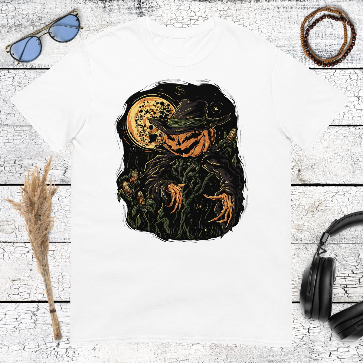 Pumpkin Scarecrow Halloween T-Shirt – white, front view