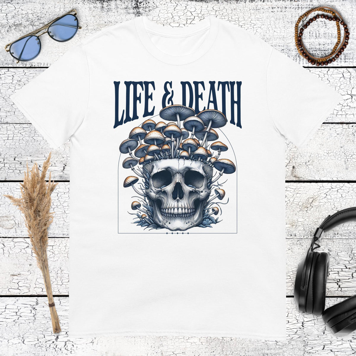 Life & Death Mushroom Skull T-Shirt – white, front view