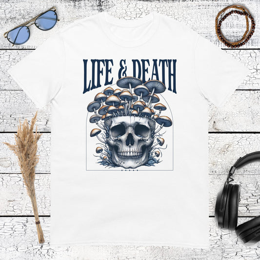 Life & Death Mushroom Skull T-Shirt – white, front view