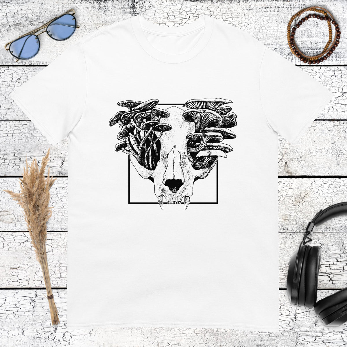 Mushroom Cat Skull T-Shirt – white, front view