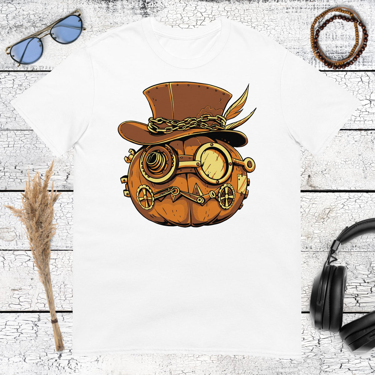 Steampunk Pumpkin Halloween T-Shirt – white, front view