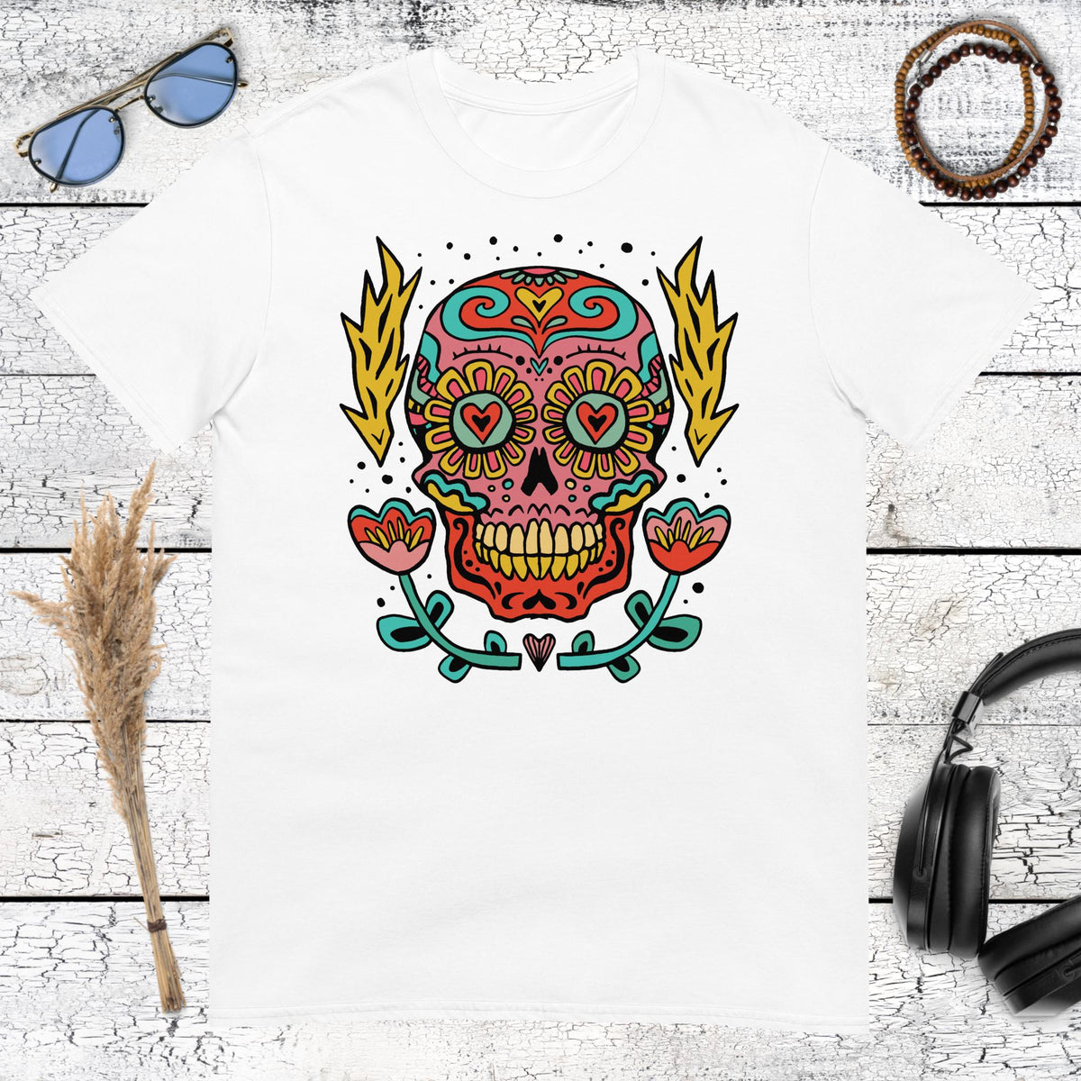 Floral Skull T-Shirt – white, front view
